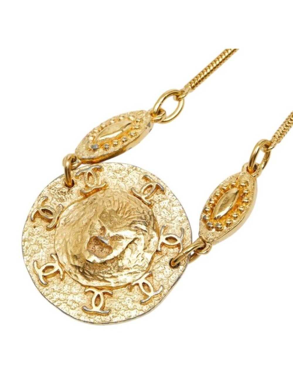 Chanel CC Logo Lion Round Pendant Necklace Gold Plated